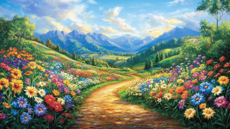 A breathtaking scene depicting a winding path through a vibrant field filled with colorful flowers, surrounded by majestic mountains under a bright sky.の素材