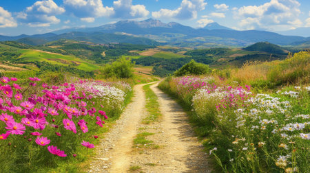 A scenic dirt pathway lined with vibrant wildflowers leads through a peaceful landscape, showcasing majestic mountains under a bright blue sky.の素材