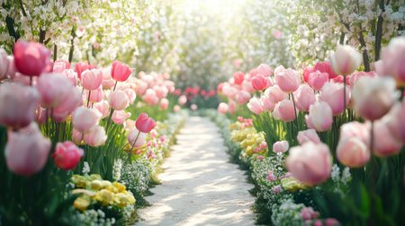 Discover a serene pathway surrounded by vibrant tulips and beautiful blossoms in a sunlit garden, showcasing natureの素材