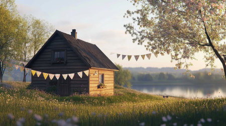 A picturesque wooden cabin stands by a tranquil lake, adorned with vibrant bunting and surrounded by blooming flowers, capturing the essence of spring serenity.の素材