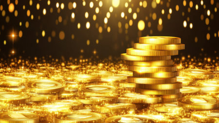 A stunning arrangement of golden coins radiating warmth and opulence, set against a dazzling background filled with shimmering lights and sparkles.の素材