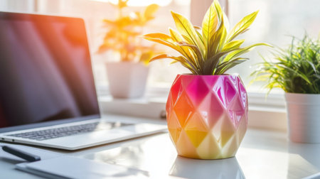 A vibrant indoor plant in a colorful pot adds life to a modern workspace, with a laptop and soft sunlight enhancing the atmosphere and creativity.の素材