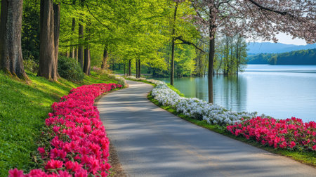 A picturesque lakeside pathway meanders through a vibrant landscape adorned with blooming flowers and towering trees, offering a peaceful escape.の素材