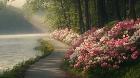 A tranquil path beside a serene lake is adorned with vibrant azalea flowers, creating a picturesque scene in the gentle morning mist. The delicate hues of blooms blend beautifully with the surrounding nature, inviting peaceful reflection and relaxation.の素材