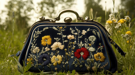 This stunning handbag features intricate floral embroidery in vibrant colors, displayed beautifully against a natural backdrop of grass and wildflowers.の素材