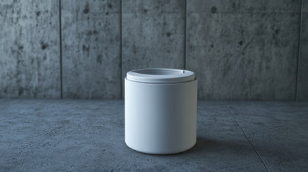 Explore the simplicity of a minimalist white container placed on a textured concrete surface. This design captures modern aesthetic ideal for product displays and creative projects.の素材