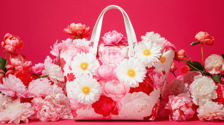 A stunning floral handbag adorned with peonies and daisies, set against a vibrant pink background, captures the essence of spring and summer style.の素材
