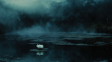 A solitary water lily gracefully rests on the tranquil surface of a lake, surrounded by a mystical fog and lush greenery, creating a serene atmosphere.の素材