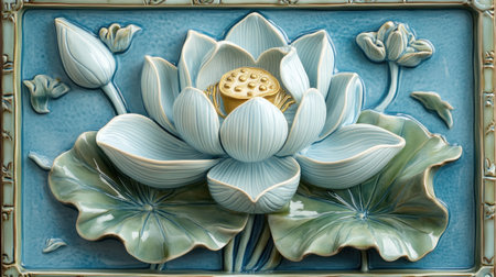 This exquisite ceramic wall art showcases a detailed blue lotus flower with leaves and buds, perfect for adding elegance and tranquility to any space.の素材
