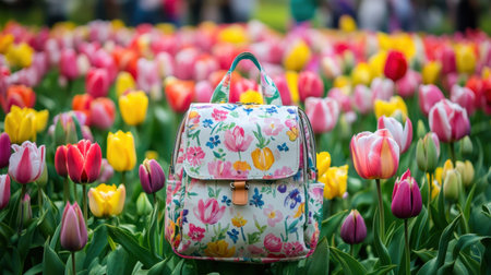 A beautiful floral backpack sits gracefully among a colorful field of tulips, showcasing vibrant hues within a serene garden backdrop. Perfect for spring inspiration.の素材