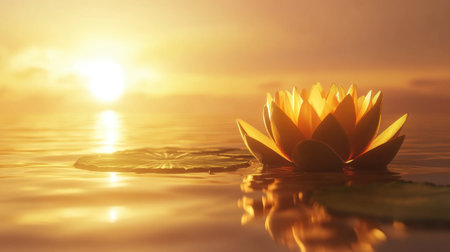 A tranquil scene showcasing a beautiful water lily blooming on a calm lake at sunrise. The warm sunlight reflects off the water, creating a serene atmosphere perfect for relaxation and harmony with nature.の素材