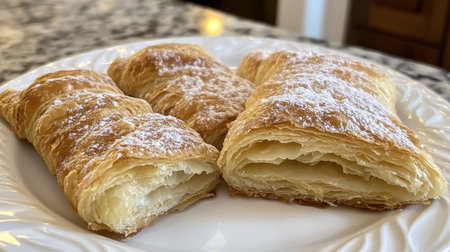 A collection of freshly baked pastries elegantly arranged on a decorative plate, featuring a light dusting of powdered sugar, showcasing their flaky layers and irresistible appeal.の素材