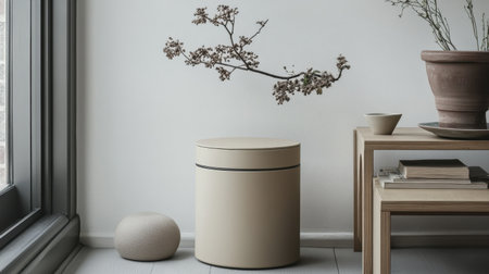 A serene interior showcases minimalistic furniture complemented by a decorative branch on the wall. The space features soft colors and smooth textures, creating a warm and inviting atmosphere ideal for relaxation and inspiration.の素材