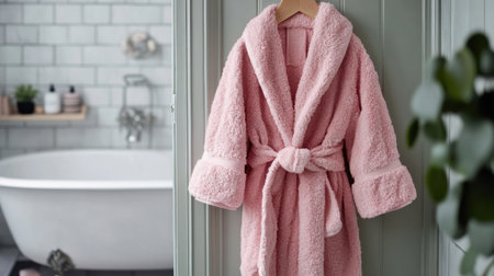 A plush pink bathrobe hangs gracefully in a stylish bathroom, enhancing the serene and inviting atmosphere perfect for relaxation and comfort.の素材