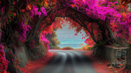 A stunning coastal road embraced by vivid bougainvillea flowers creates a picturesque scene of nature's beauty, inviting travelers to explore.の素材
