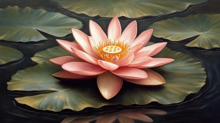 This stunning image features a pink water lily in full bloom floating gracefully on a calm lake, framed by lush green leaves. The tranquil setting evokes feelings of peace and natural beauty, making it perfect for nature enthusiasts and relaxation themes.の素材