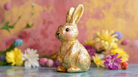 A charming golden bunny figure surrounded by vibrant flowers and colorful eggs, perfect for Easter celebrations and spring dの素材