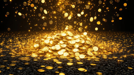 A captivating image of a large pile of shiny gold coins, illuminated by sparkling light effects, creating a mesmerizing atmosphere of wealth and prosperity.の素材