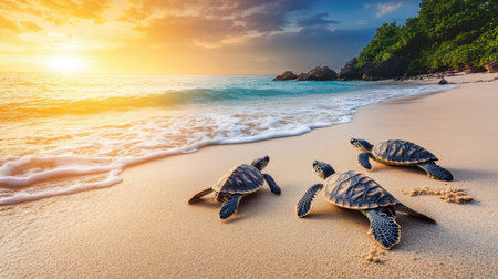 Three sea turtles make their way across a golden sandy beach as the sun sets over the horizon, casting a warm glow and reflecting on gentle waves.の素材