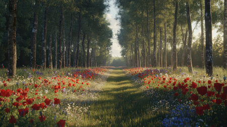 A tranquil pathway leads through a vibrant meadow filled with colorful flowers, nestled under tall trees in the gentle morning light, creating a serene atmosphere.の素材