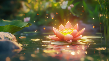 A stunning pink lotus flower blooms gently on a calm water surface, illuminated by soft sunlight and sparkling light particles, creating a serene atmosphere.の素材