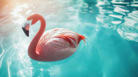 A stunning pink flamingo gracefully swims in a bright blue pool, surrounded by gentle ripples and reflections of sunlight, creating a peaceful scene.の素材