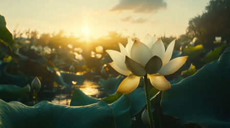 A stunning lotus flower emerges gracefully from a tranquil pond, bathed in warm morning sunlight. The vibrant green leaves surround the bloom, creating a serene and peaceful atmosphere.の素材