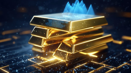 This vivid image features shining gold bars combined with digital graphs, representing financial growth in a futuristic environment. Ideal for investment themes.の素材