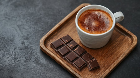 A beautifully presented espresso coffee in a white cup paired with dark chocolate resting on a wooden tray, perfect for an indulgent moment.の素材