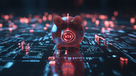 A striking digital piggy bank stands amidst a futuristic circuit board, symbolizing the intersection of cryptocurrency and modern investment strategies.の素材