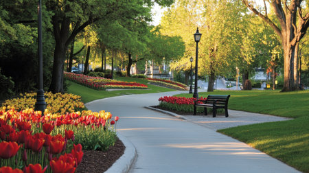 A picturesque spring park pathway lined with vibrant tulips and lush trees, inviting visitors to enjoy nature's beauty in soft morning light.の素材