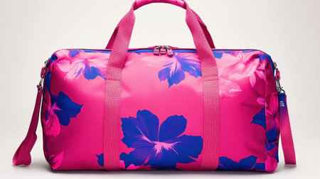 This vibrant floral duffle bag in pink and purple is perfect for travel or gym use, offering style and functionality. Ideal for all your everyday needs.の素材