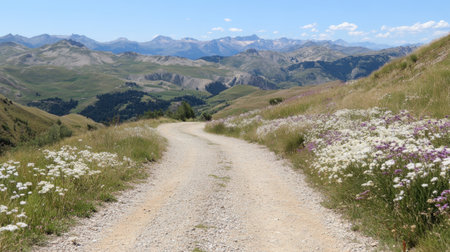 A picturesque gravel pathway meanders through a stunning mountain landscape, adorned with blooming wildflowers, lush greenery, and expansive blue skies.の素材