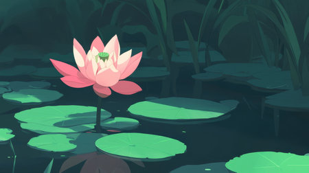 A beautiful pink water lily blooms gracefully in a tranquil pond, framed by lush green leaves. This serene scene captures the essence of natural beauty and peace.の素材
