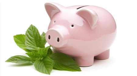 A charming pink piggy bank rests beside vibrant green leaves, embodying the essence of saving money and financial growth. The image symbolizes the harmony between finance and nature, inspiring individuals to cultivate healthy saving habits for a prosperous future.の素材