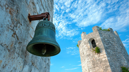 A stunning view of an ancient metal bell hanging on a stone tower, framed by a bright blue sky dotted with clouds. Perfect for historical themes.の素材