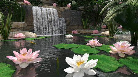 This stunning scene showcases a tranquil water lily pond, complete with a gentle waterfall and lush foliage, creating a serene natural oasis.の素材