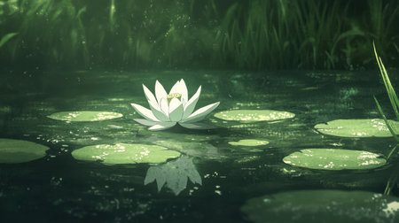 A single water lily stands gracefully in a tranquil pond, surrounded by vibrant green leaves and softly falling rain, evoking serenity and calmness.の素材