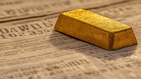 This close-up image showcases a gleaming gold bar resting on vintage newspapers, symbolizing wealth and investment through time, inviting exploration of history.の素材