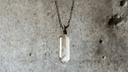 Discover the beauty of this elegant natural crystal pendant necklace. Perfectly crafted, it shines against a rustic gray background, showcasing unique textures.の素材