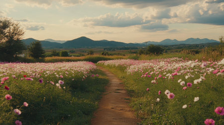 A picturesque view of a winding pathway surrounded by vibrant flower fields under a soft sunset sky with mountains in the distance, evoking tranquility.の素材