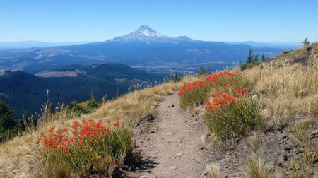 A picturesque hiking trail lined with vibrant wildflowers leads to a stunning view of a majestic mountain under a clear blue sky. Experience nature's beauty.の素材