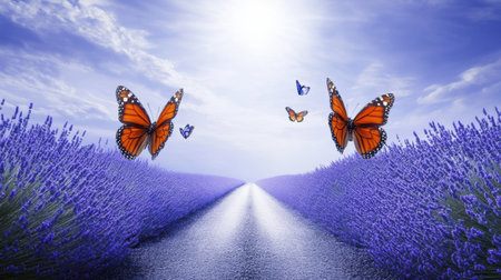 A peaceful pathway flanked by vibrant lavender flowers under a bright blue sky, attracting colorful butterflies, ideal for nature lovers and serene moments.の素材