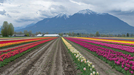 A breathtaking view of a vibrant tulip field stretches toward snow-capped mountains under a dramatic sky, showcasing the beauty of spring.の素材