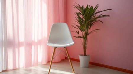 A stylish modern white chair with wooden legs placed in a serene minimalist room. The pink walls and indoor plant enhance the tranquil atmosphere, perfect for a cozy interior.の素材