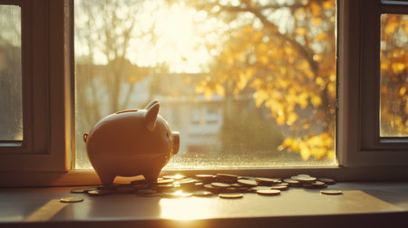 A serene autumn setting with a piggy bank and scattered coins on a windowsill bathed in warm sunlight, showcasing the beauty of fall and saving.の素材