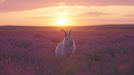 A serene scene capturing a rabbit in a vibrant lavender field at sunset, reflecting soft pink and orange hues in the sky. Ideal for nature lovers.の素材