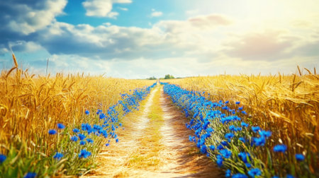 A picturesque pathway leads through golden wheat fields adorned with vibrant blue flowers, all under a bright and cheerful sky. Ideal for nature lovers.の素材