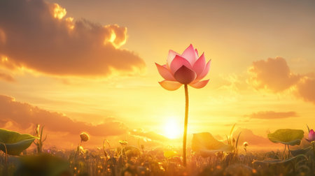 A stunning view of a blooming lotus flower standing tall against a vibrant sunset. The warm hues of the sunset illuminate the petals, creating a serene and tranquil scene that captures the essence of nature's beauty.の素材