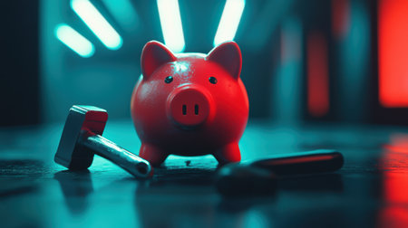 A vibrant red piggy bank sits on a wooden surface alongside a hammer and a tool. The stylish neon lighting creates an engaging ambiance, emphasizing themes of saving and financial growth.の素材